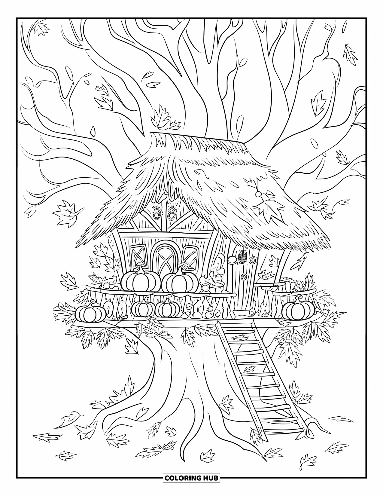 Desenho de outono para colorir para adultos: Uma casa na árvore extravagante com escadas e pontes aninha-se entre folhas douradas de outono