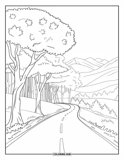 Coloriage d'automne pour adultes : Une route de campagne sinueuse bordée de grands arbres qui laissent tomber des feuilles d'automne dorées