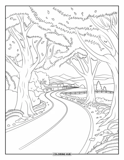 Coloriage d'automne pour adultes : Une route sinueuse couverte de feuilles s'étire vers une chaîne de montagnes lointaine