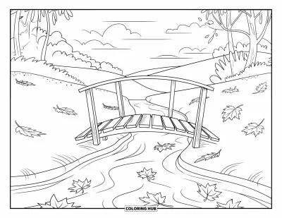 Coloriage d'automne pour adultes : Un pont en bois enjambe un ruisseau sinueux, avec des feuilles fraîches dérivant dans la brise