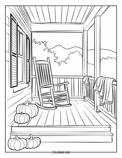Coloriage d'automne pour adultes : Un porche en bois avec chaise à bascule, citrouilles et couvertures douillettes accueille l'automne