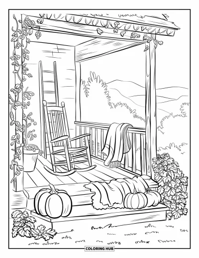 Coloriage d'automne pour adultes : Un porche en bois avec des citrouilles et un fauteuil recouvert d'une couverture chaude donne sur le jardin