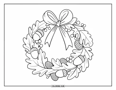 Coloriage d'automne pour adultes : Une couronne de glands, de pommes de pin et de feuilles d'automne nouée avec un ruban
