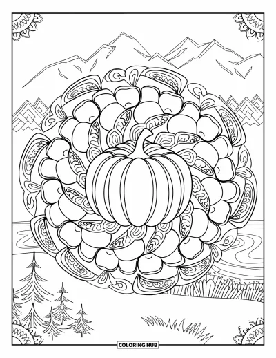 Coloriage d'automne pour adultes : Un mandala élégant avec citrouilles, pommes et feuilles disposées en motif fluide