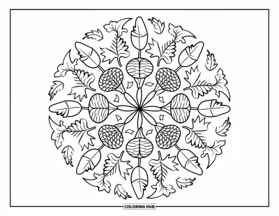 Coloriage d'automne pour adultes : Un mandala d'automne complexe rempli de glands, de vignes tourbillonnantes et de feuilles d'érable