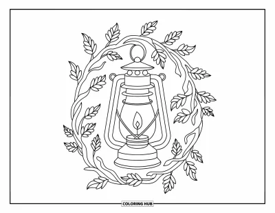 Coloriage d'automne pour adultes : Une lanterne ancienne avec une bougie lumineuse repose parmi des feuilles d'automne entrelacées