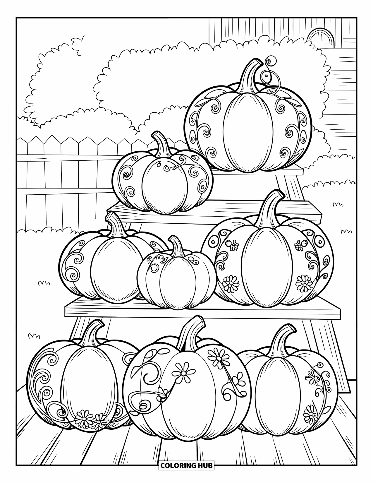 Desenho de outono para colorir para adultos: Abóboras decorativas com esculturas intrincadas são cuidadosamente dispostas em uma escada de madeira