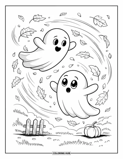 Coloriage d'automne pour adultes : Des fantômes ronds aux grands yeux flottent parmi les feuilles tombantes, les regardant tournoyer dans le vent