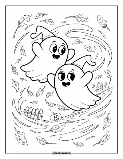 Coloriage d'automne pour adultes : Deux fantômes joyeux en chapeaux pointus flottent parmi des feuilles d'automne tourbillonnantes près d'une petite citrouille