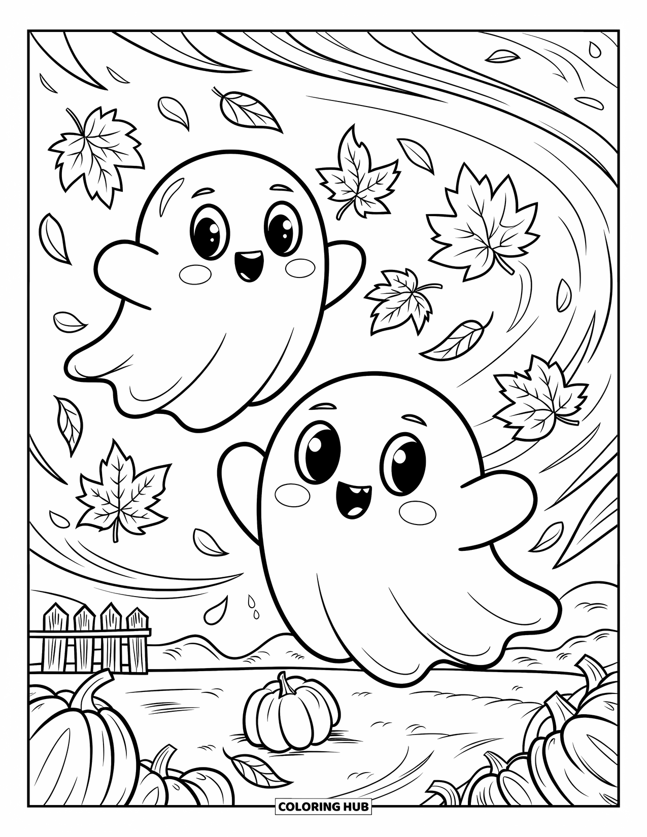 Desenho de outono para colorir para adultos: Dois pequenos fantasmas flutuam brincando entre folhas de outono rodopiantes perto de uma cerca de madeira e uma abóbora