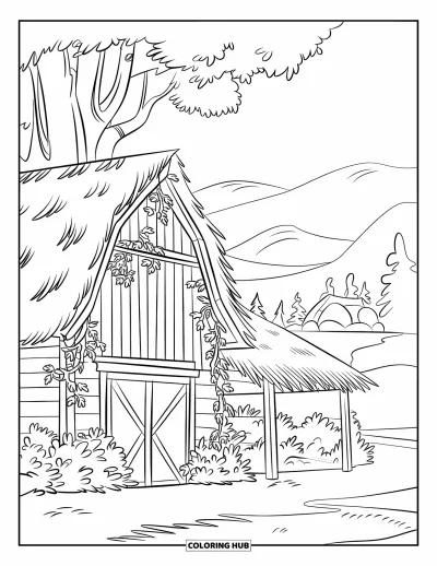 Coloriage d'automne pour enfants : Une grange couverte de vignes envahissantes se dresse dans une forêt luxuriante, le sol couvert de feuilles