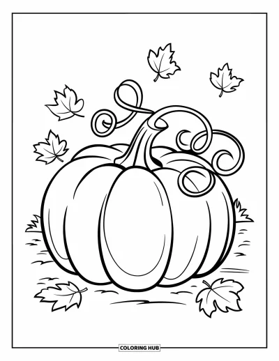 Coloriage d'automne pour enfants : Une grosse citrouille ronde aux vrilles enroulées se détache sur un fond simple