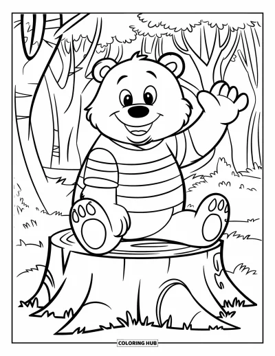 Coloriage d'automne pour enfants : Un grand ours souriant salue depuis un tronc dans une forêt tranquille