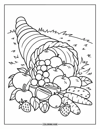Coloriage d'automne pour enfants : Une corne d'abondance généreuse déverse des citrouilles, des carottes et des branches feuillues