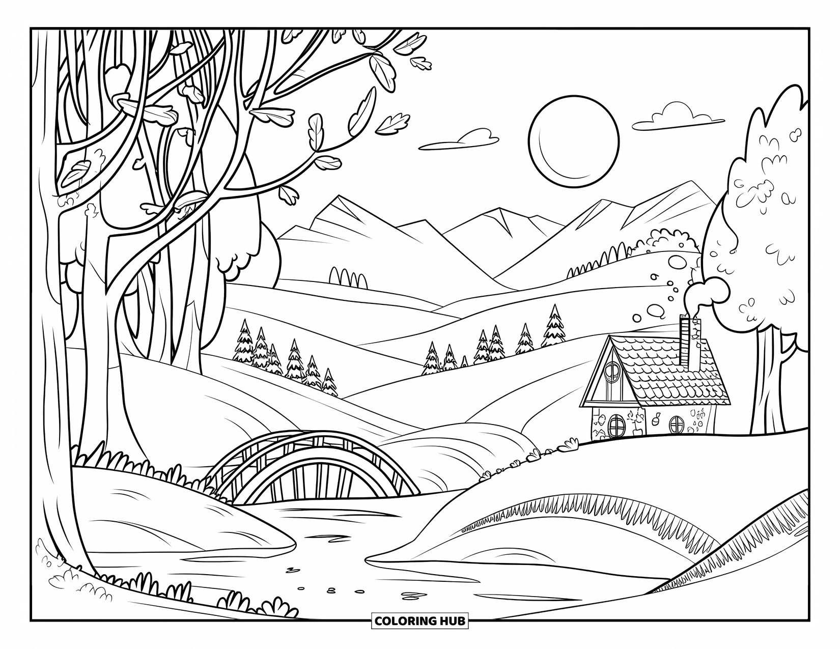 Desenho de outono para colorir para crianças: Uma ponte cruza um rio tranquilo enquanto a lua cheia brilha sobre a floresta