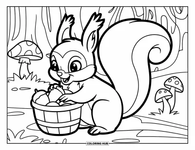 Coloriage d'automne pour enfants : Un écureuil à queue touffue équilibre un panier sur son dos en ramassant des glands