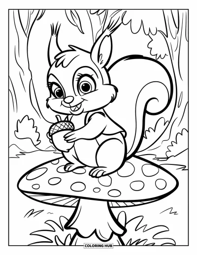 Coloriage d'automne pour enfants : Un écureuil à queue touffue tient en équilibre sur un champignon, serrant son précieux gland