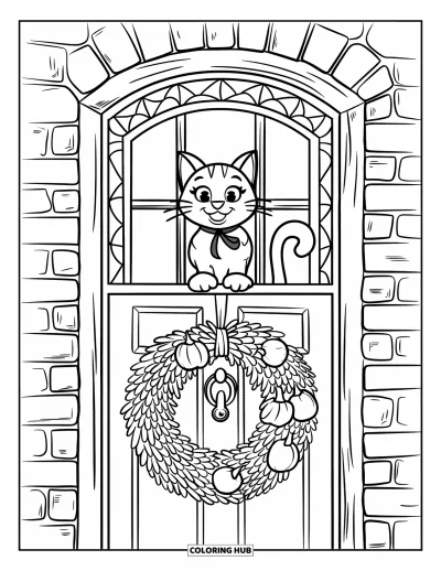 Coloriage d'automne pour enfants : Un chat avec un ruban est assis à une fenêtre au-dessus d'une porte rustique ornée d'une couronne d'automne