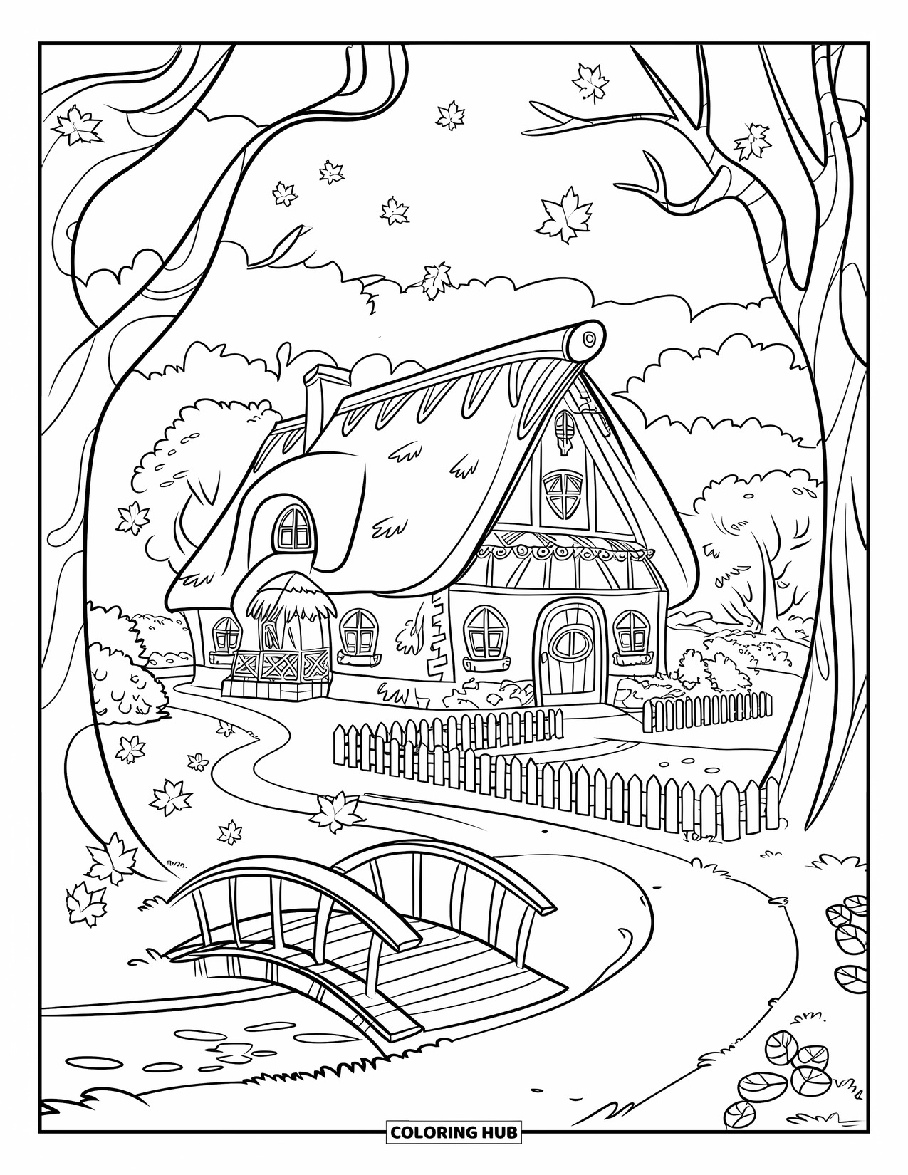 Desenho de outono para colorir para crianças: Uma charmosa casa de campo de outono com abóboras na porta fica entre colinas