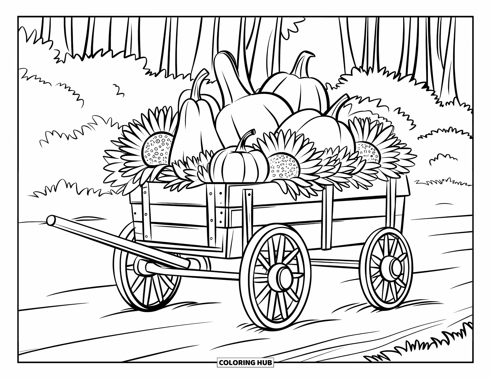 Desenho de outono para colorir para crianças: Uma carroça charmosa transborda com a colheita de outono, descansando em uma estrada rural empoeirada