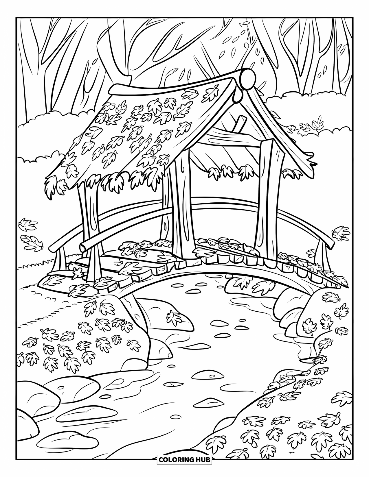 Desenho de outono para colorir para crianças: Uma charmosa ponte de madeira com folhas caídas estende-se sobre um riacho claro no outono