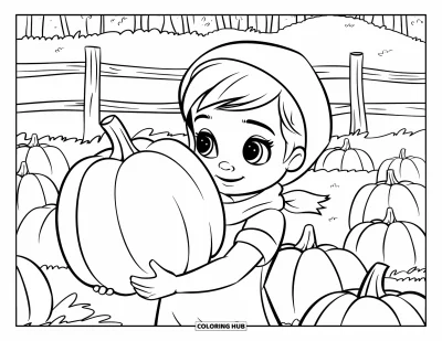 Coloriage d'automne pour enfants : Un enfant joyeux portant une écharpe et un bonnet tient une citrouille géante dans un champ