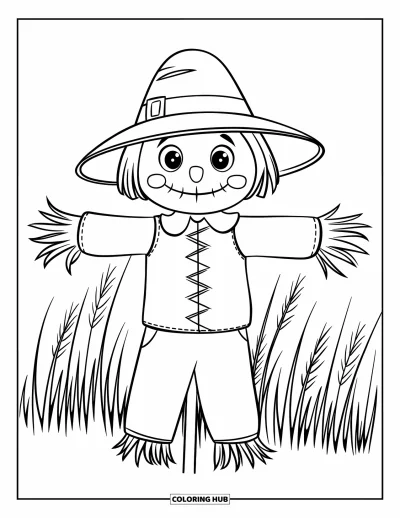 Coloriage d'automne pour enfants : Un épouvantail souriant aux yeux en bouton se tient dans un champ d'herbes ondulantes