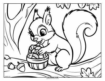 Coloriage d'automne pour enfants : Un écureuil joyeux ramasse des glands et les dépose avec soin dans un petit panier tressé