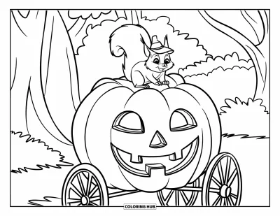 Coloriage d'automne pour enfants : Un écureuil joyeux avec un tout petit chapeau est assis fièrement au sommet d'une grande citrouille