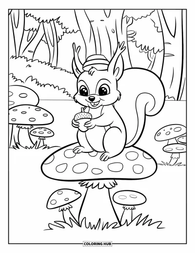Coloriage d'automne pour enfants : Un écureuil joyeux se repose sur un champignon, un gland serré dans ses pattes