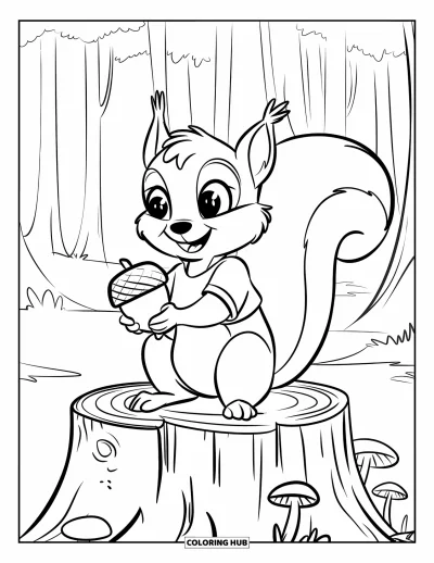 Coloriage d'automne pour enfants : Un écureuil joyeux est assis sur une souche, tenant un gland avec des yeux brillants