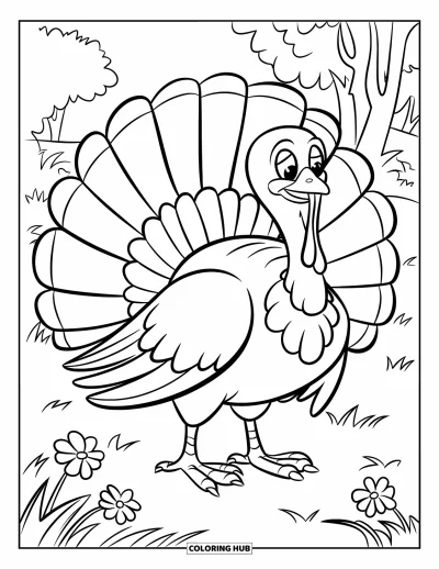 Coloriage d'automne pour enfants : Une dinde joyeuse aux grandes plumes caudales se tient dans un champ avec des arbres