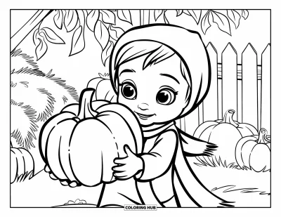 Coloriage d'automne pour enfants : Un enfant serre une grande citrouille dans ses bras, debout dans un décor d'automne festif