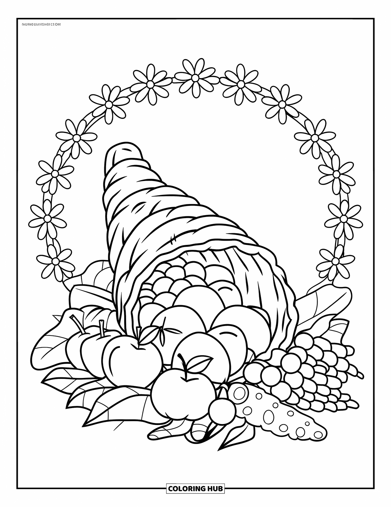 Desenho de outono para colorir para crianças: Uma cornucópia transborda com frutas, legumes e folhas de outono