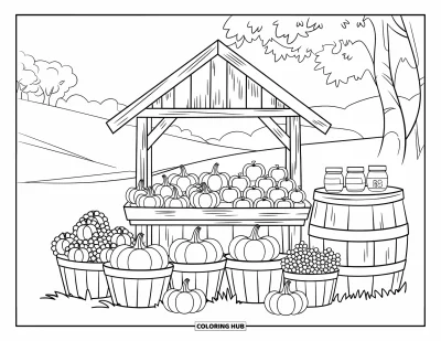 Coloriage d'automne pour enfants : Un étal de marché de campagne présente des paniers de pommes, des citrouilles et des pots de miel