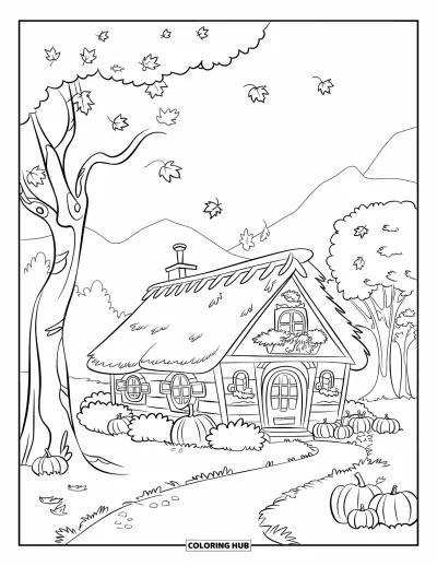 Coloriage d'automne pour enfants : Un cottage d'automne douillet se trouve le long d'un sentier sinueux, entouré de feuilles qui tombent