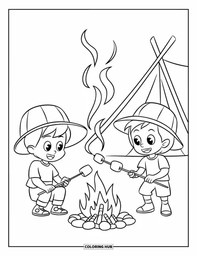 Coloriage d'automne pour enfants : Une scène de camping chaleureuse avec des enfants qui grillent des guimauves près de leur tente sous les étoiles