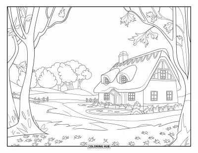 Coloriage d'automne pour enfants : Un cottage accueillant repose parmi des arbres d'automne, avec un sentier sinueux menant à sa porte