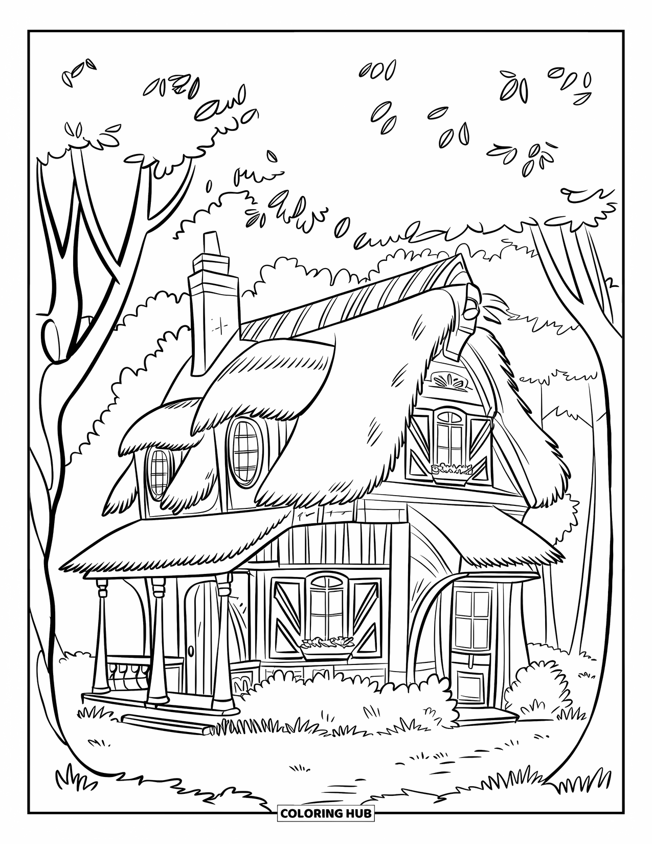 Desenho de outono para colorir para crianças: Uma cabana aconchegante com um telhado de palha fica em uma paisagem tranquila e arborizada