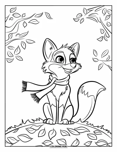 Coloriage d'automne pour enfants : Un renard chaleureux avec une écharpe est assis sur un tas de feuilles, en regardant le ciel