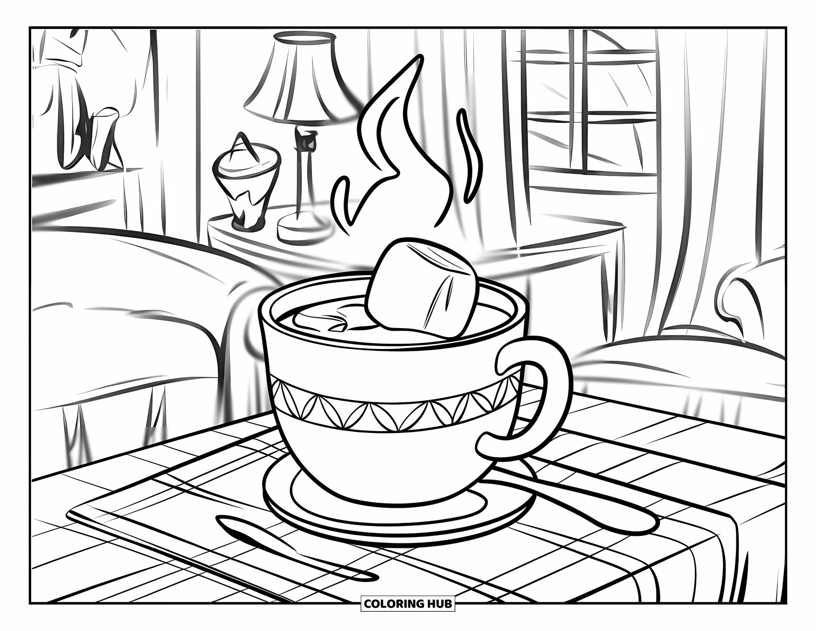 Desenho de outono para colorir para crianças: Uma caneca aconchegante de chocolate quente fica em uma mesa com uma toalha de mesa quadriculada