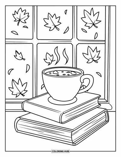 Coloriage d'automne pour enfants : Une scène chaleureuse avec des livres et du chocolat chaud près d'une fenêtre aux feuilles tombantes