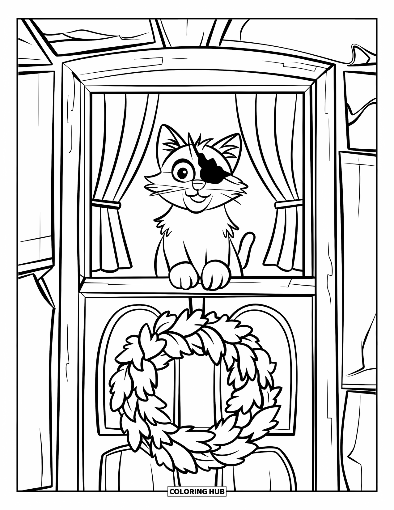 Desenho de outono para colorir para crianças: Um gato curioso empoleira-se perto de uma janela, olhando para uma guirlanda de outono na porta