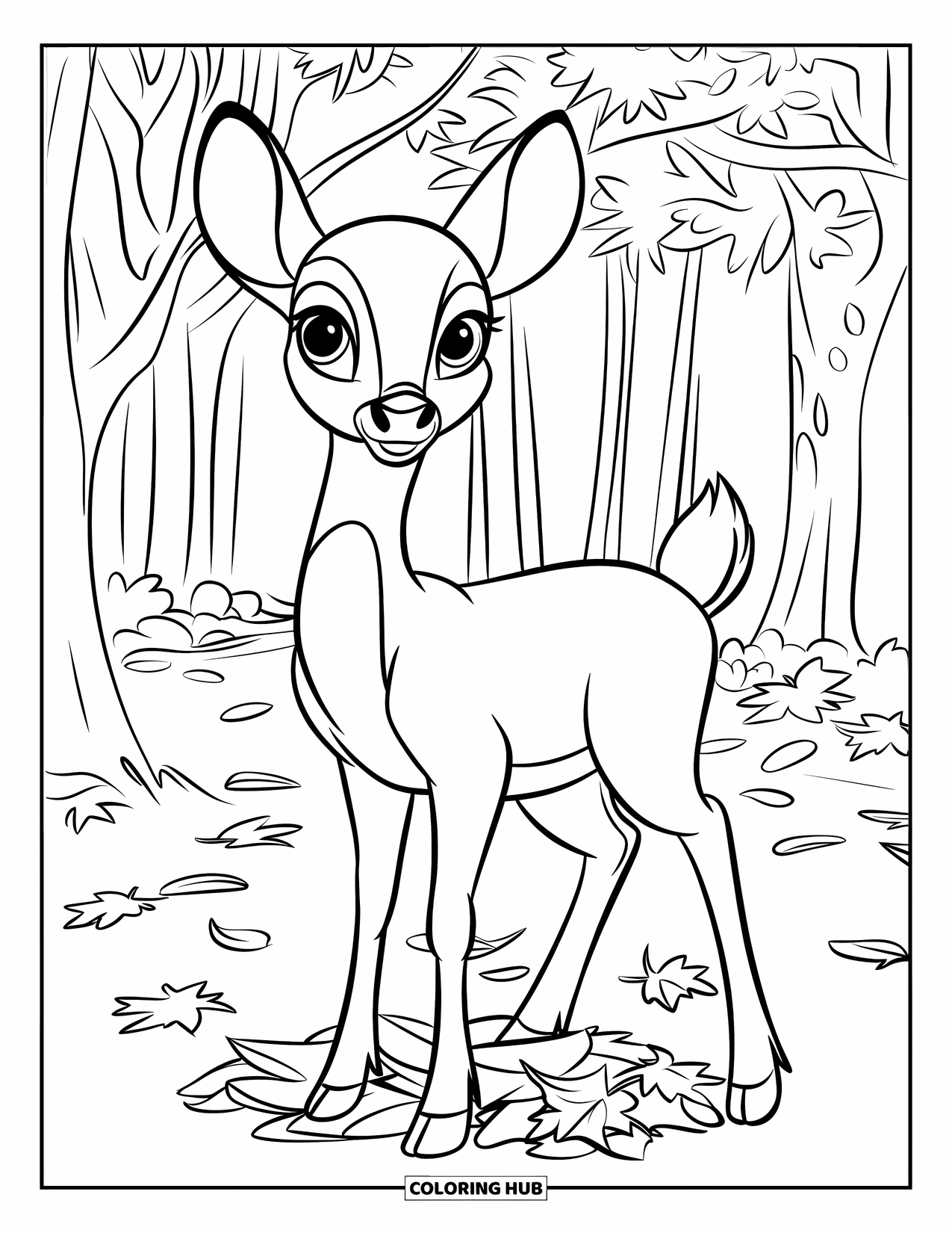 Desenho de outono para colorir para crianças: Um cervo curioso olha através das árvores, em cima de uma cama de folhas de outono