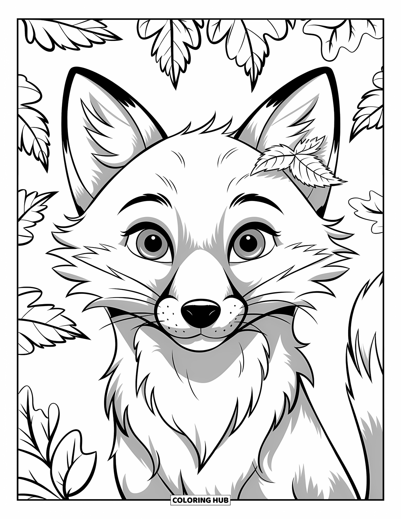 Desenho de outono para colorir para crianças: Uma raposa curiosa com olhos brilhantes espreita através de um aglomerado de folhas de outono