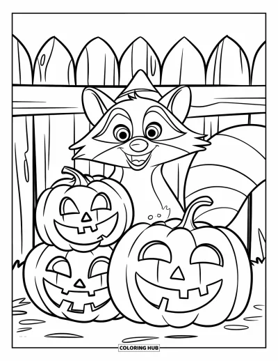 Coloriage d'automne pour enfants : Un raton laveur curieux se cache en jouant derrière une pile de citrouilles rebondies