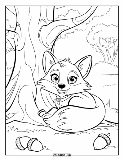Coloriage d'automne pour enfants : Un renard recroquevillé dort paisiblement sous un arbre, caché dans les feuilles