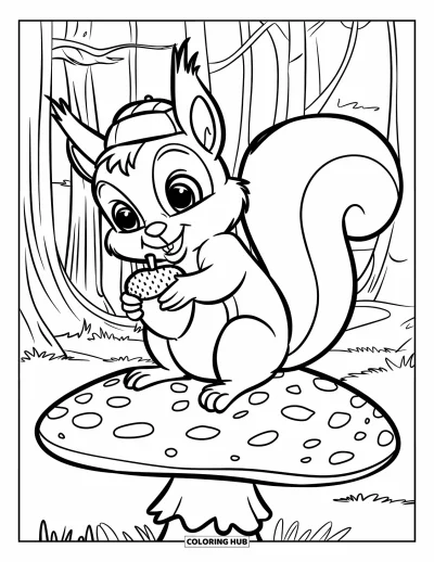 Coloriage d'automne pour enfants : Un mignon écureuil est assis sur un grand champignon, tenant un tout petit gland