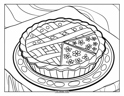 Coloriage d'automne pour enfants : Une tarte décorative aux motifs uniques est posée sur une assiette au design circulaire marqué