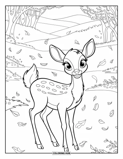 Coloriage d'automne pour enfants : Un cerf se tient dans une vallée brumeuse, entouré de pétales d'automne tombants et d'arbres